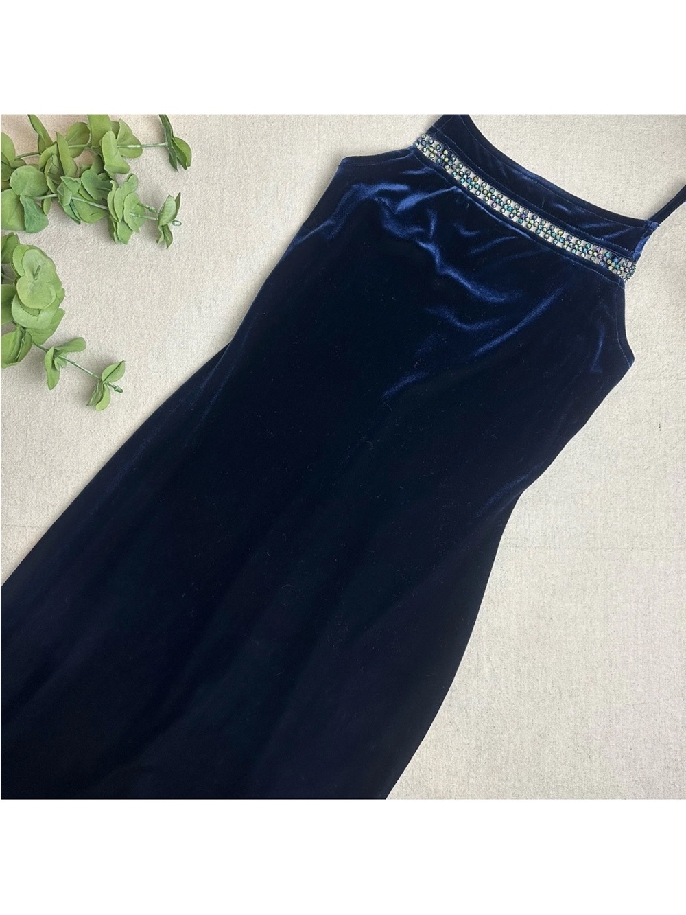 Vintage Y2K All That Jazz Size XS/S Velvet Formal Dress Navy Blue Beaded Accent - Picture 14 of 14
